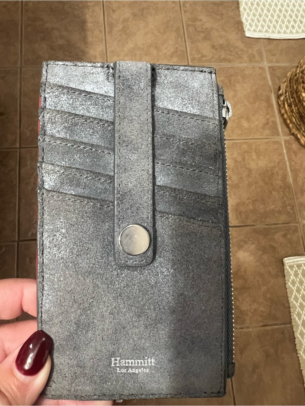 Hammitt Metallic Gray Leather Card Wallet with Snap Strap